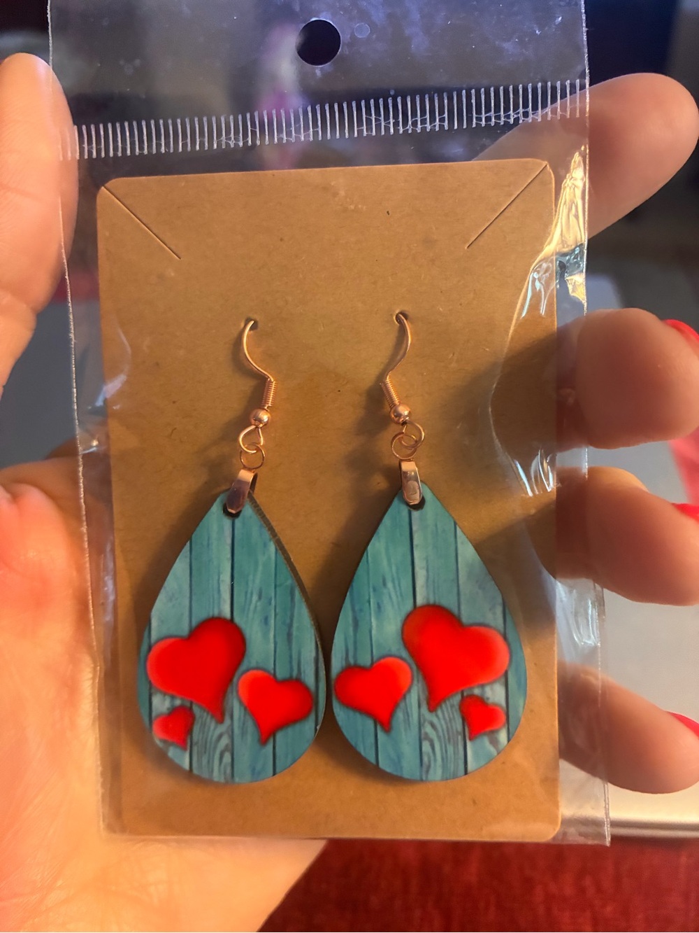Teardrop Blue Wood Grain Earrings with Red Hearts